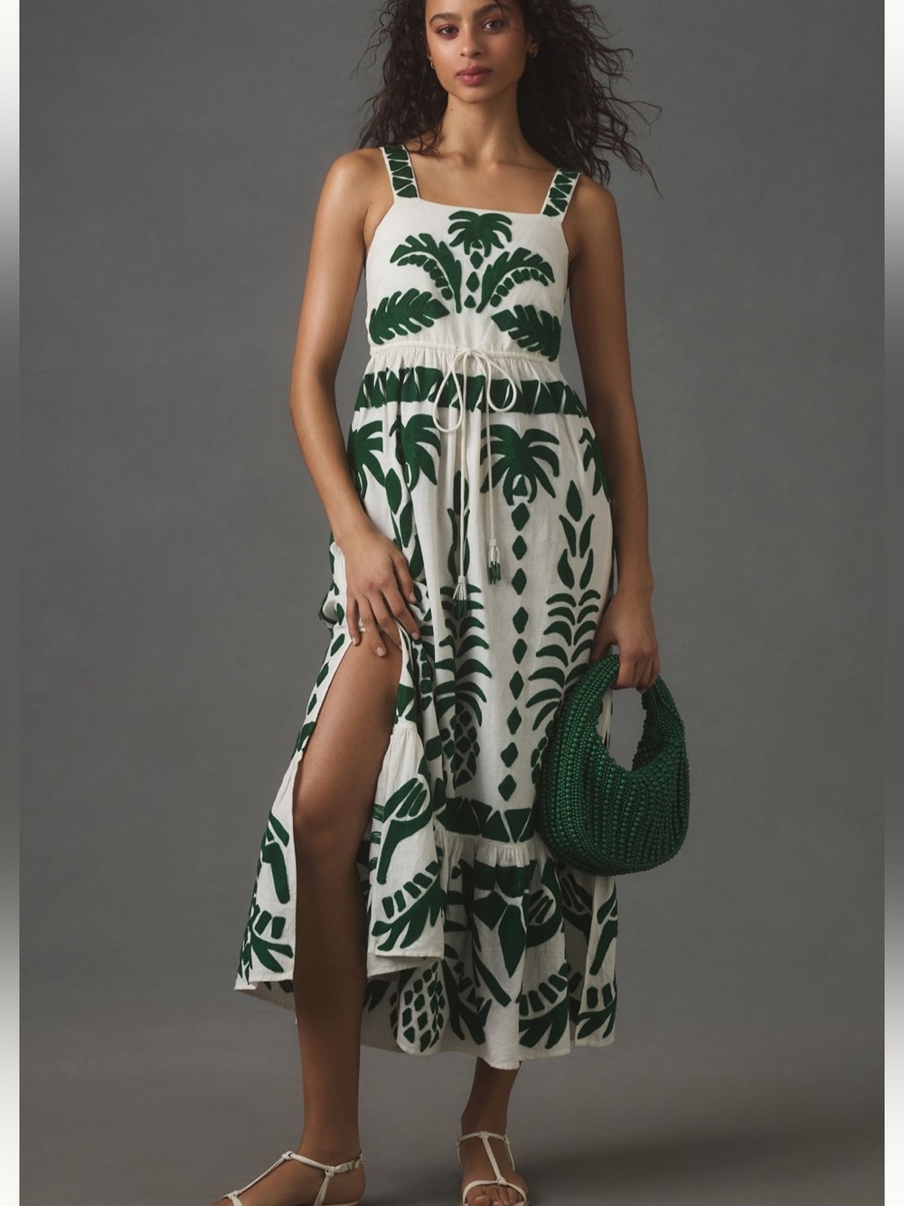 FARM RIO Sleeveless Embroidered Patchwork Midi Dress Green Pattern Anthropologie